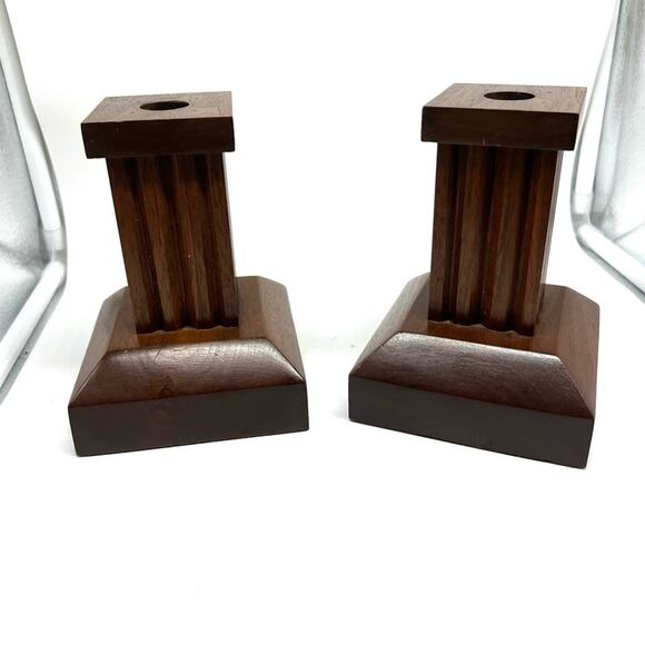 Vintage MCM Paired Wooden CandleStick Holders Square Clean Lines - Picture 5 of 10